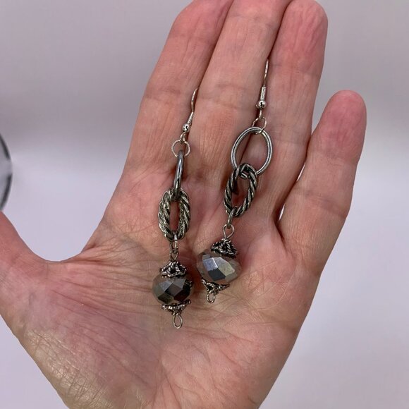 Handmade Pierced Earrings Silver-Grey Glass & Metal Dangle BOHO LA104 - Picture 2 of 2